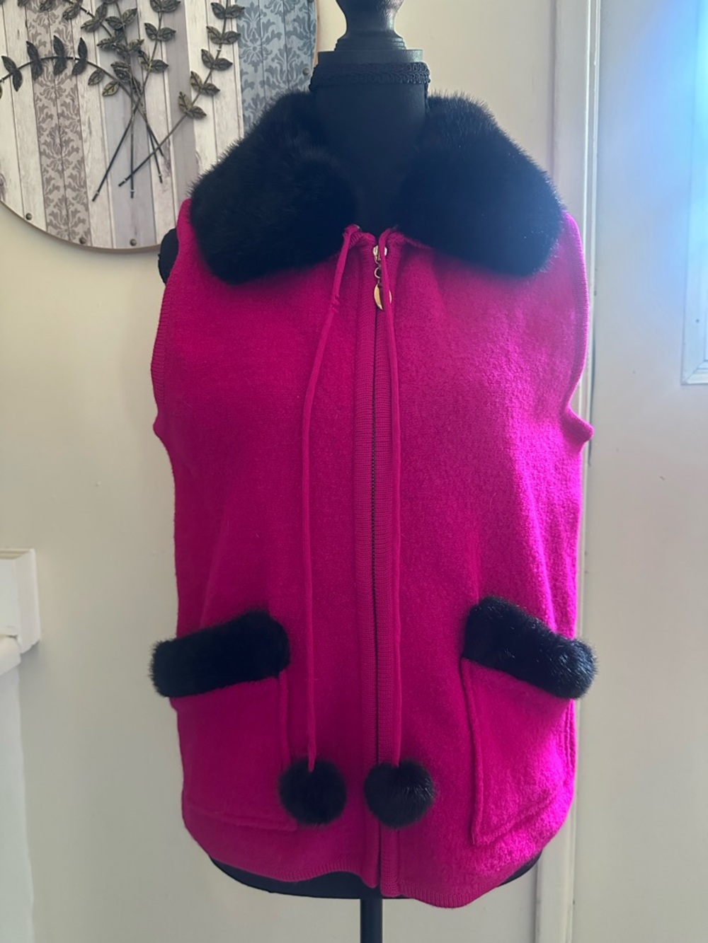 Vintage Lisa International Hot Pink Vest with Black Fur Trim
